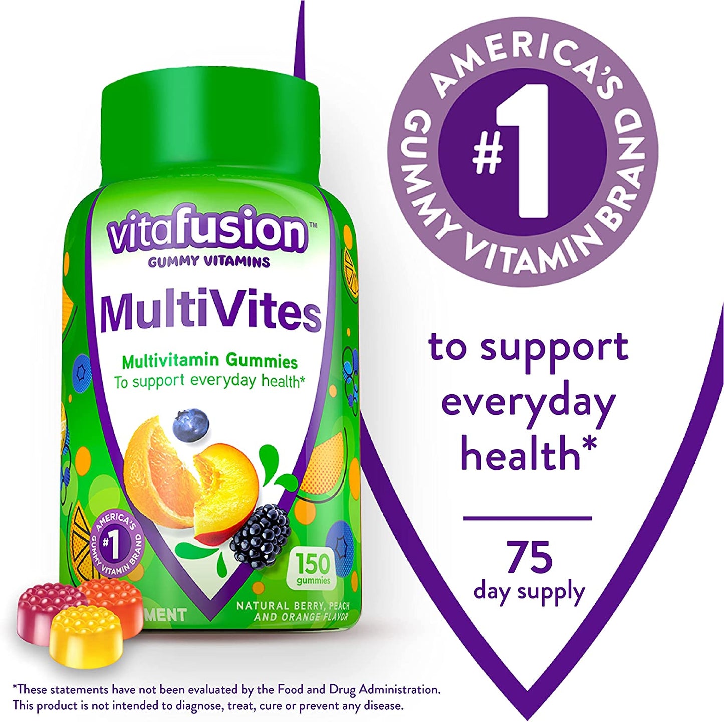 Vitafusion Multivites Gummy Multivitamins for Adults with 12 Vitamins and Minerals, Berry, Peach and Orange Flavored, America’S Number 1 Gummy Vitamin Brand, 75 Day Supply, 150 Count