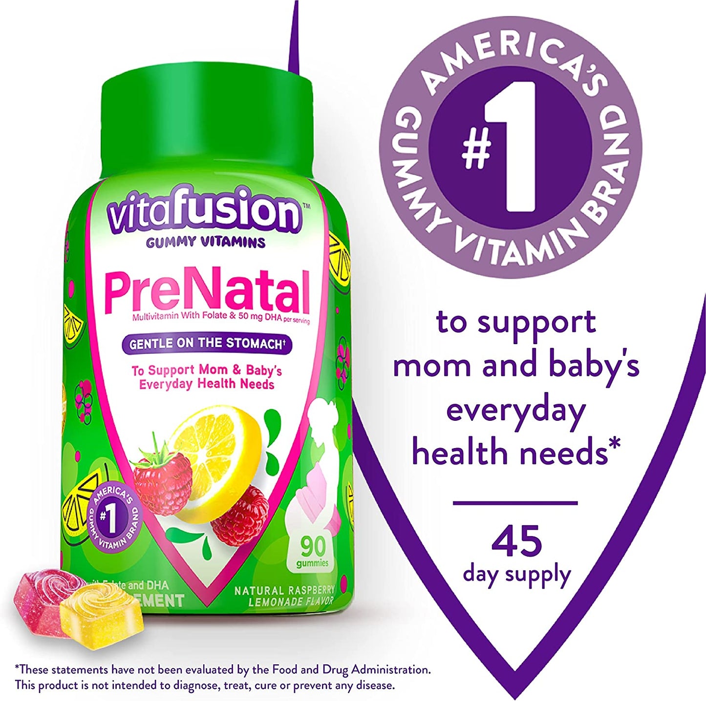 Vitafusion Prenatal Gummy Vitamins, Raspberry Lemonade Flavored, Pregnancy Vitamins for Women, with Folate and DHA, America’S Number 1 Gummy Vitamin Brand, 45 Day Supply, 90 Count