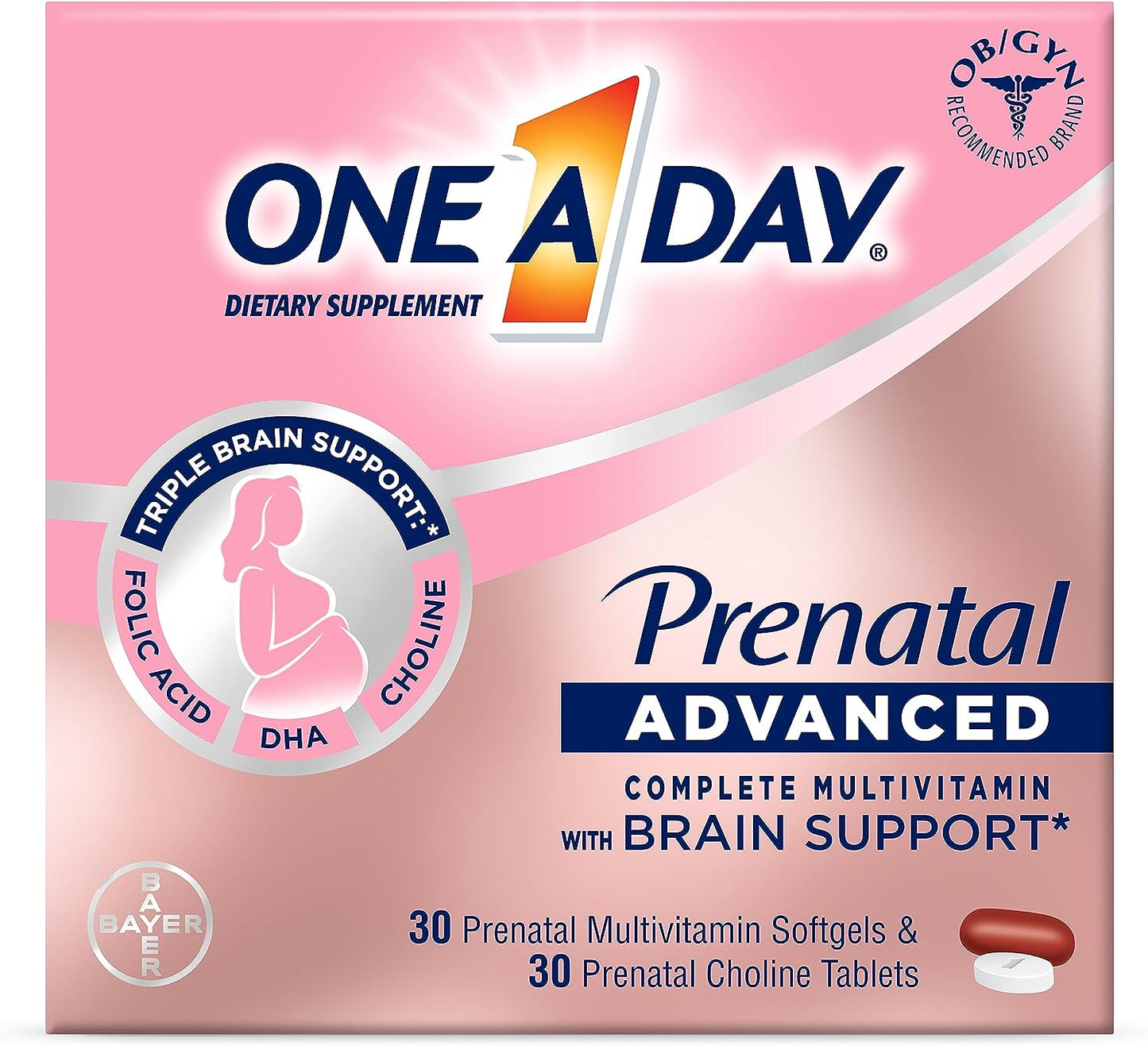 Womens Prenatal Advanced Complete Multivitamin with Brain Support* with Choline, Folic Acid, Omega-3 DHA & Iron for Pre, during and Post Pregnancy, 30+30 Count (60 Count Total Set)