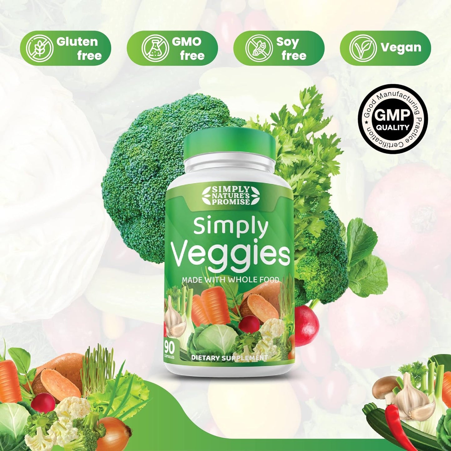 - 90 Veggie Capsules - Made with Whole Food Superfoods, Packed with Beta Carotene & 18 Different Vegetables - 100% Soy Free