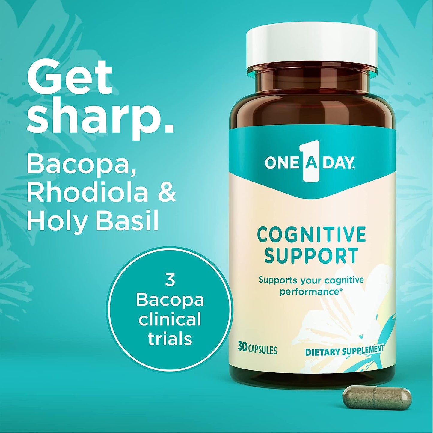 One-A-Day Cognitive Supplement – Memory and Focus Supplements for Adults, Brain Function Support with Bacopa, Rhodiola, & Holy Basil for Cognitive Performance 30 Capsules