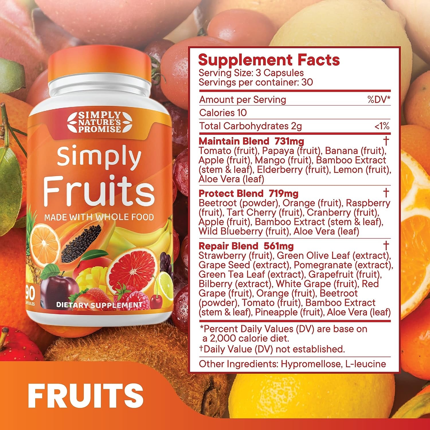 - 90 Fruit Capsules - Made with Whole Food Superfoods, Packed with 25 Different Fruits - 100% Soy Free