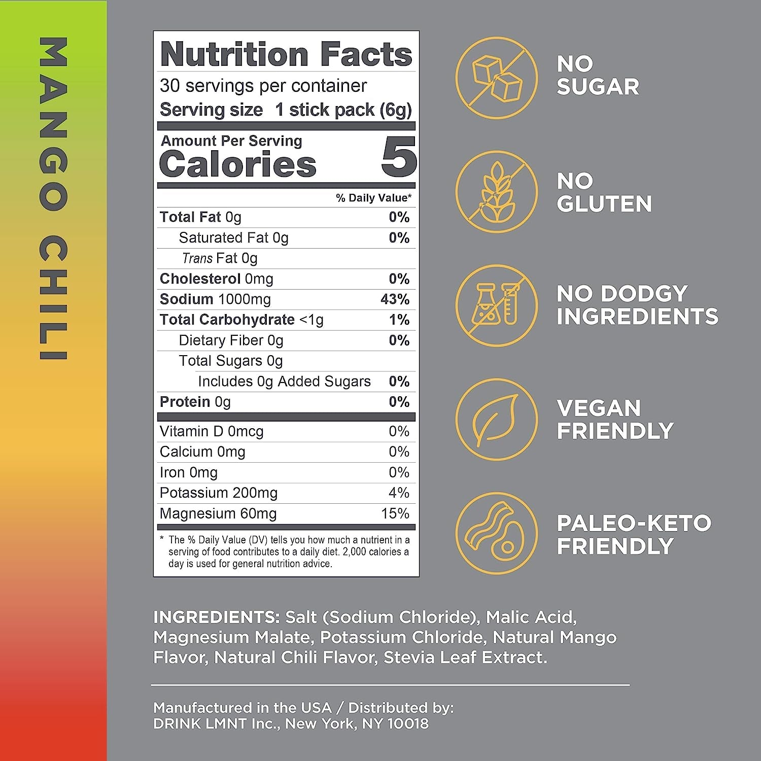 LMNT Keto Electrolyte Powder Packets | Paleo Hydration Powder | No Sugar, No Artificial Ingredients | Mango Chili | 30 Stick Packs