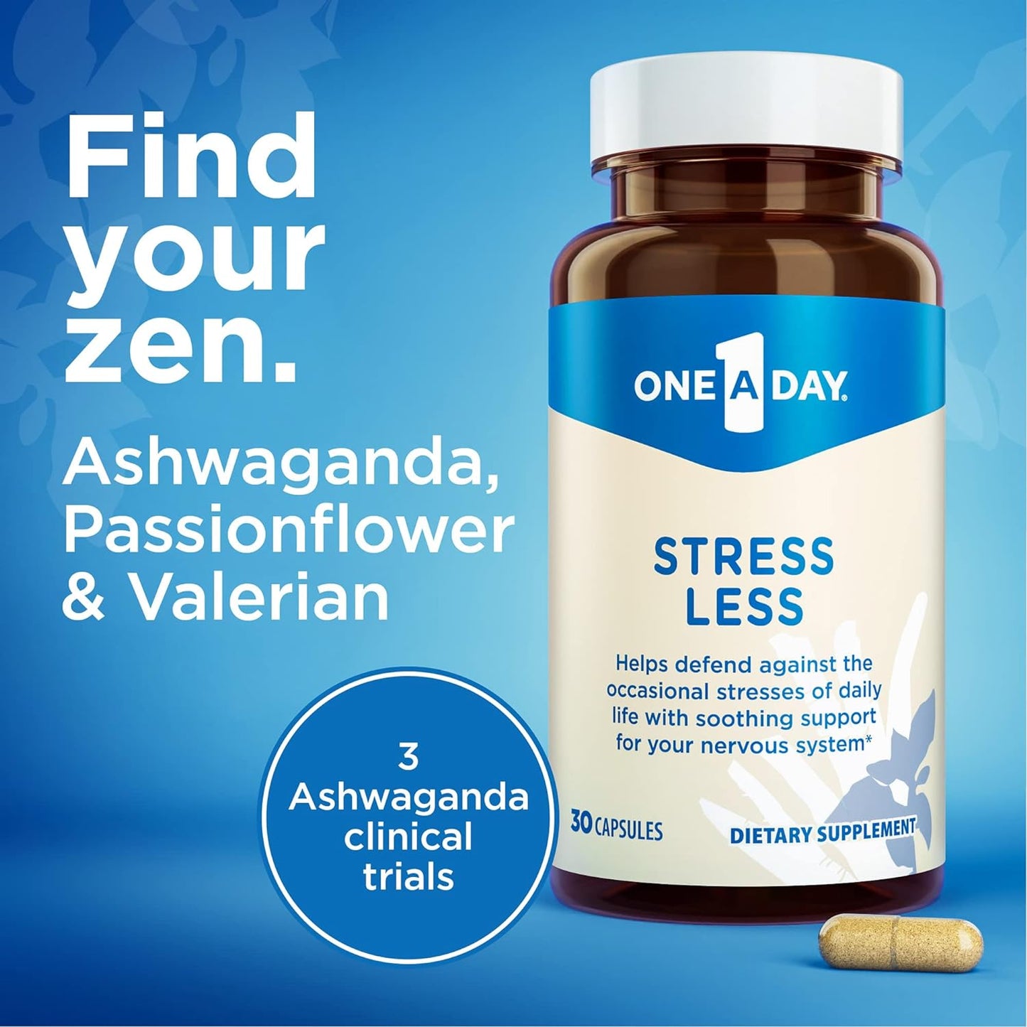 One a Day Stress Supplement – Occasional Stress Relief Supplement, Formulated with Ashwagandha, Passionflower and Valerian Extracts for Nervous System Support, 30 Capsules