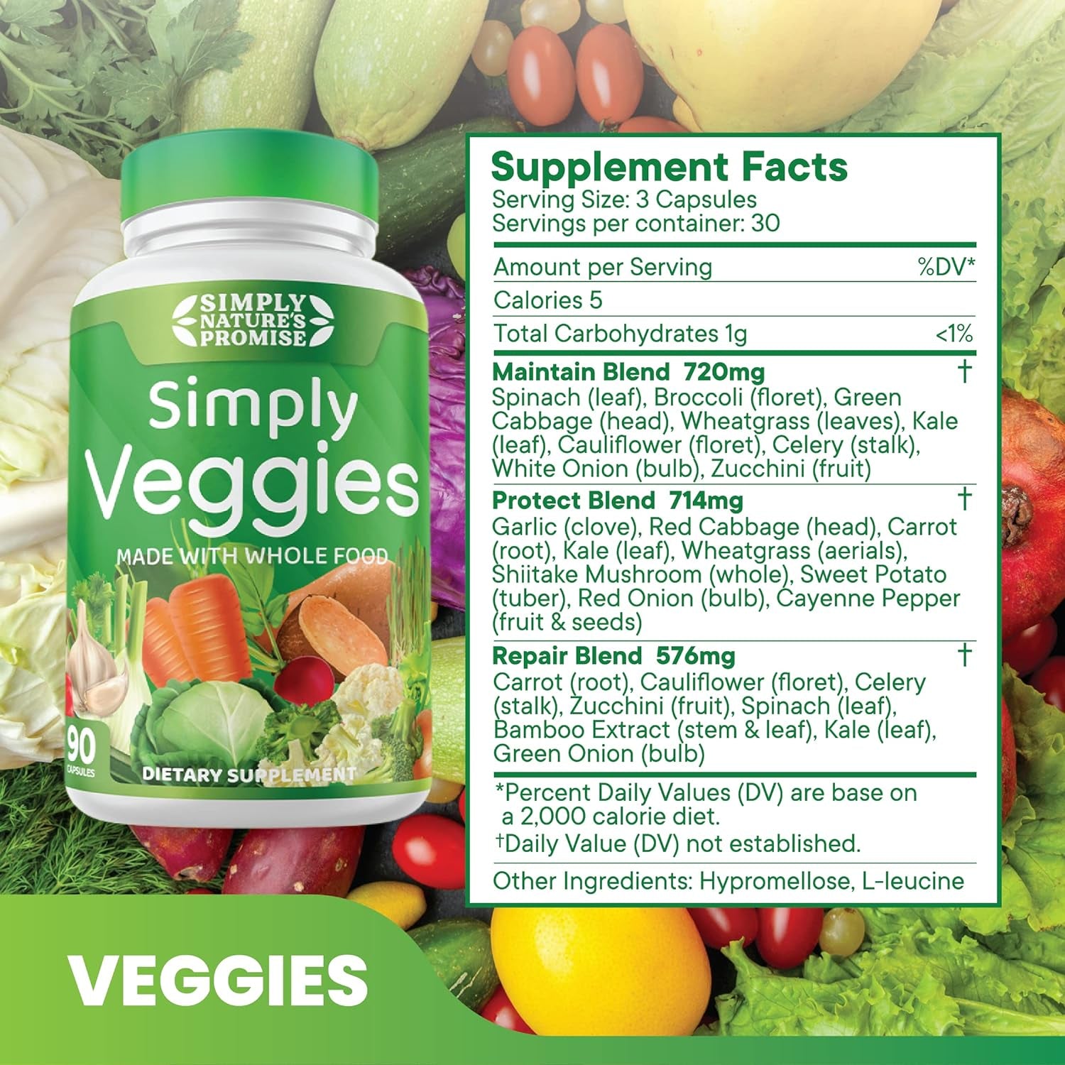 - 90 Veggie Capsules - Made with Whole Food Superfoods, Packed with Beta Carotene & 18 Different Vegetables - 100% Soy Free