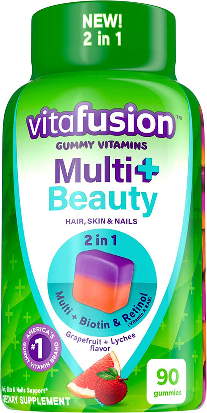 Vitafusion Multivitamin plus Beauty – 2-In-1 Benefits – Adult Gummy with Hair, Skin & Nails Support (Biotin & Retinol – Vitamin a RAE) Daily, 90 Count