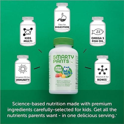 Kids Fiber Vitamins: Daily Kids Multivitamin Gummy for Overall Health with Vitamin A, B12, D3, E, & K & Omega 3 Fish Oil (DHA/EPA) - 120 Count (30 Day Supply)